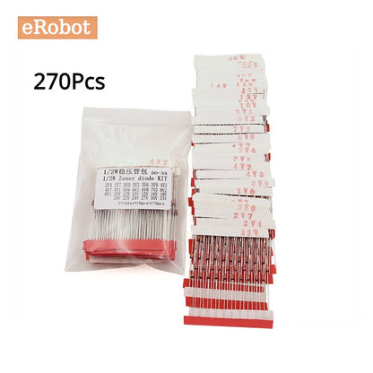 270Pcs 27 Values*10pcs 1/2W 0.5W Zener Diode Assorted Kit  2V4 To 33V 12V 18V 5V1 5V6 3V3 3V6 4V3 4V7 6V2 6V8