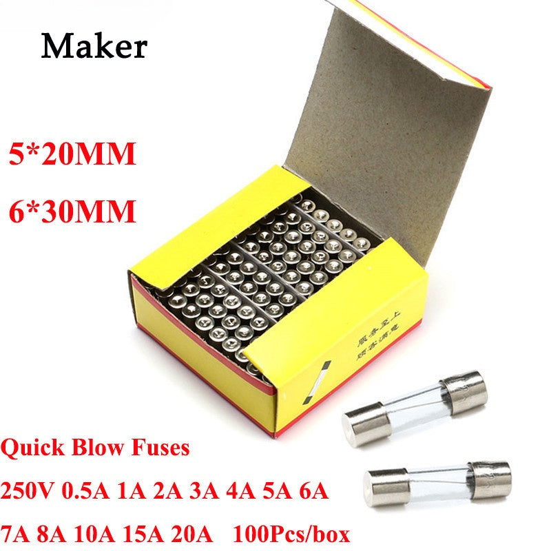 100Pcs Fast Blow Insurance Tube 5*20mm 6*30mm Glass Quick Blow Fuse 5*20 6*30 250V 0.5A 1A 2A 3A 4A 5A 6A 7A 8A 10A 15A
