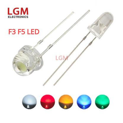 100pcs F3 F5 LED 3mm 5mm LED Transparent Round  Super Bright Water Clear Green Red White Yellow Blue  Diode