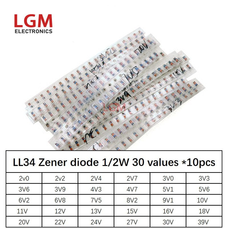 300Pcs LL34 1/2W 2V-39V SMD Zener Diode Set Package 30Values *10pcs=300pcs Assorted Kit