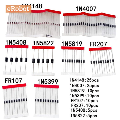 100pcs 8 Values Fast Switching Schottky Diode Assorted Kit 1N4148 1N4007 1N5819 1N5399 1N5408 1N5822 FR107 FR207