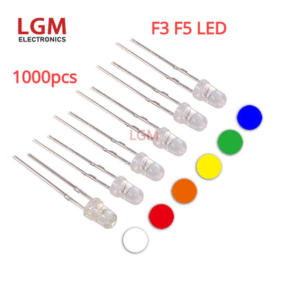 1000Pcs F3 F5 LED Led Diode Kit Transparent Round 5mm Super Bright Water Clear Green Red White Yellow Blue Light LED Bulbs Emitting Diode