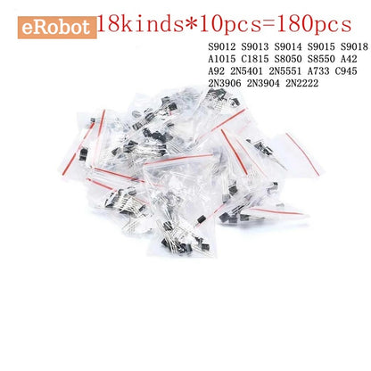 180Pcs  TO-92 18 Values Transistor Assorted Kit 2N2222 S9013 S9014 S9015 S9018 S8050 S8550 5551 5401 2N3904 2N3906 C1815