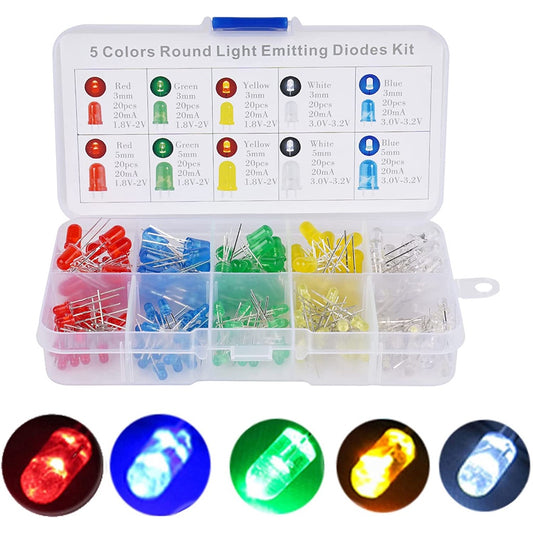 200Pcs LED Diode Lights 3mm 5mm LED Lights Emitting Diodes Assortment Set Kit White Red Blue Green Yellow DIY LED Diode Set