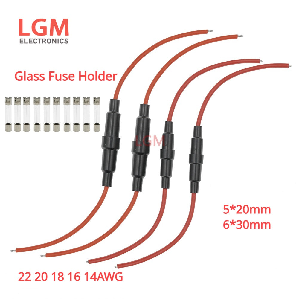 5Pcs 5*20mm 6*30mm Glass Fuse Holder Screw Type 5X20mm with 22 20 18 16 14AWG Wire Cable 250V 5X20MM Glass Fuse Tube Fuse Casing