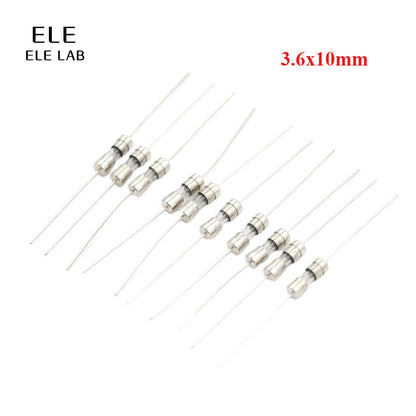 20pcs 3.6x10mm Axial Lead Glass Fuse Tube 0.5A/1A/1.5A/2A/2.5A/3A/3.15A/4A/5A/6.3A/10A Overcurrent Protection