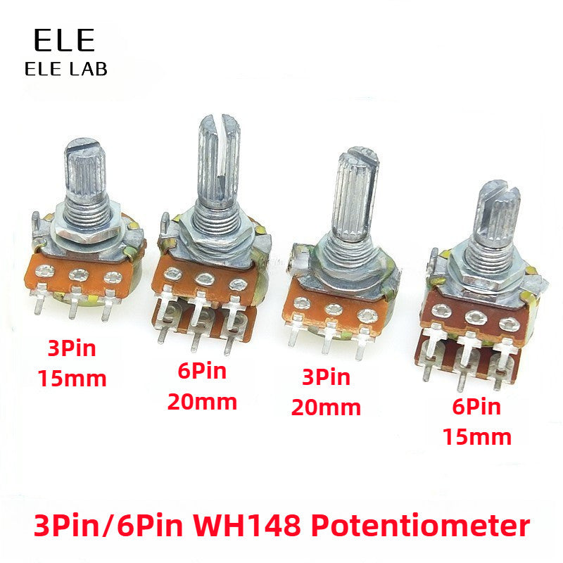 5PCS WH148 Potentiometer 3Pin 6Pin 15mm 20mm Shaft with Nuts and Washers Linear Potentiometers B1K B2K B5K B10K B20K B50K B100K B500K B1M