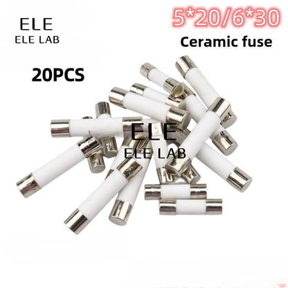 20Pcs Ceramic Fuse Tubes 5x20mm 6x30mm 250V 1A/2A/3A/5A/6.3A/8A/10A/15A/30A for Electronics, Industrial Equipment, and Power Supply Protection