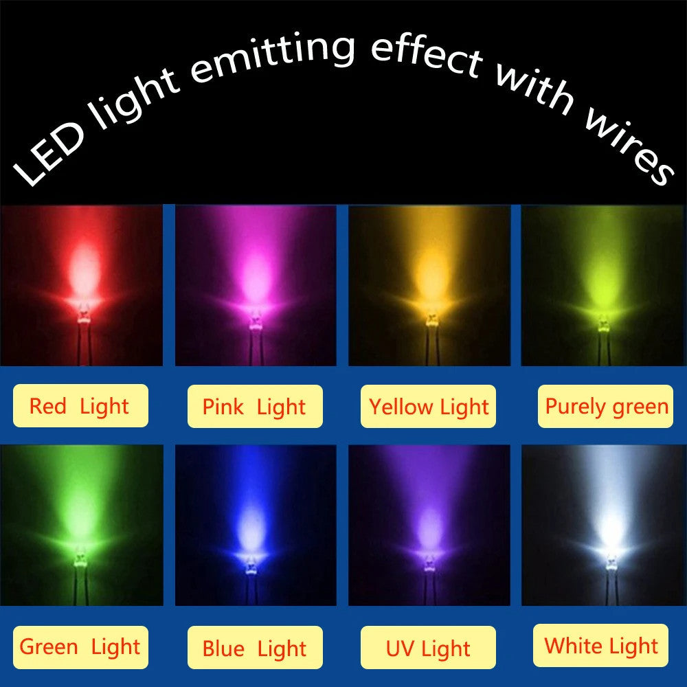 10Pcs 3mm LED with 20cm Wire 3V 6V 12V 24V 220V White Red Green Blue Yellow RGB LED Diode Lamp Decoration Light Emitting Diodes
