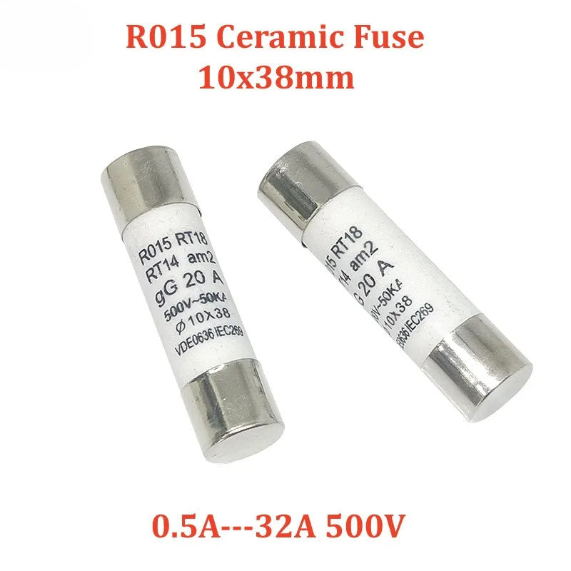 5Pcs R015 Ceramic Fuse 10x38mm 0.5A 500V RT18 RO15 1A 2A 3A 4A 5A 6A 8A 10A 16A 20A 25A 32A 40A 10*38mm