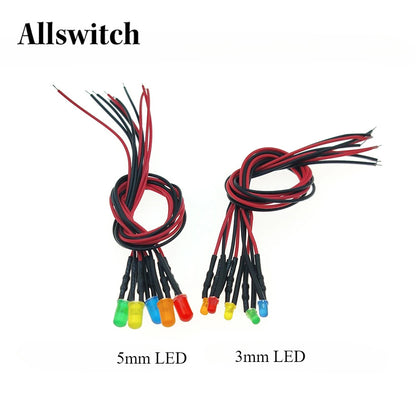 10Pcs 3mm LED with 20cm Wire 3V 6V 12V 24V 220V White Red Green Blue Yellow RGB LED Diode Lamp Decoration Light Emitting Diodes
