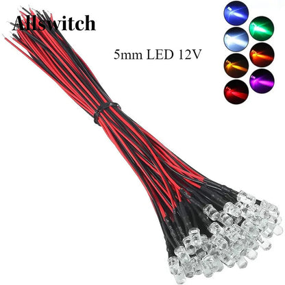10Pcs 5mm LED 12V with 20cm Wire White Red Green Blue Yellow RGB LED Diode Lamp Decoration Light Emitting Diodes