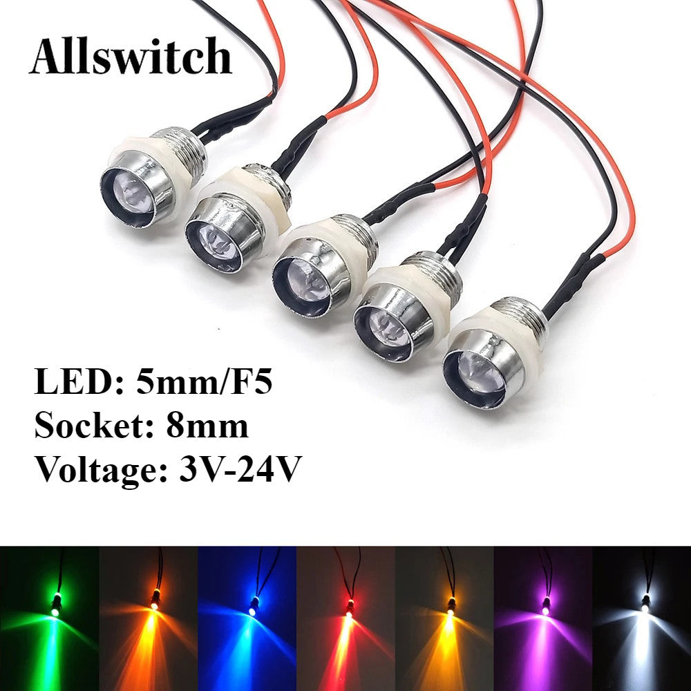 5Pcs 5mm LED with Wire Socket Pre-Wired LEDs Bulb 5V 12V 24V Emitting LED Diode with 20cm Wire Signal Indicator Lights 8mm Panel Mount