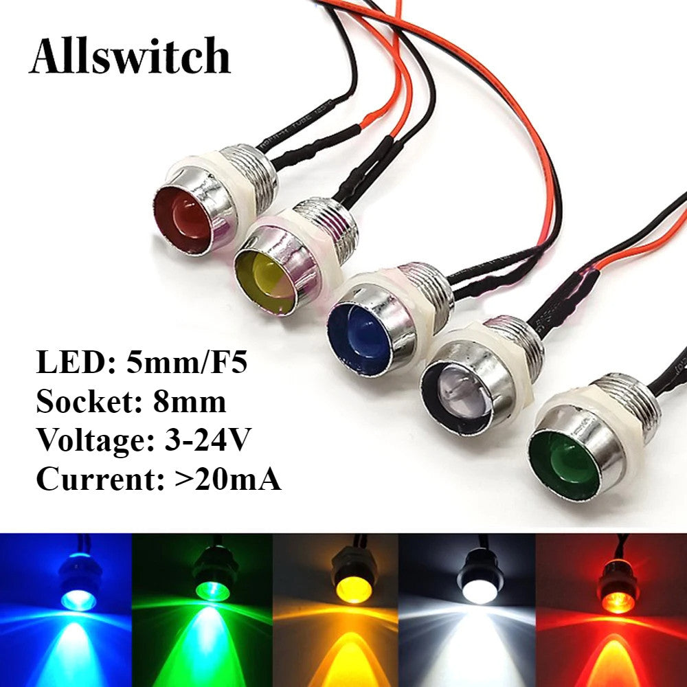 5Pcs 5mm LED with Wire Socket Pre-Wired LEDs Bulb 5V 12V 24V Emitting LED Diode with 20cm Wire Signal Indicator Lights 8mm Panel Mount