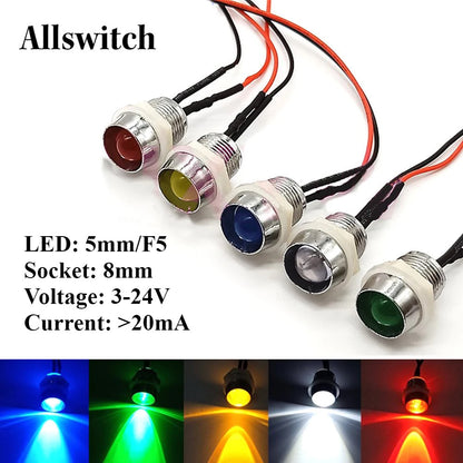 5Pcs 5mm LED with Wire Socket Pre-Wired LEDs Bulb 5V 12V 24V Emitting LED Diode with 20cm Wire Signal Indicator Lights 8mm Panel Mount