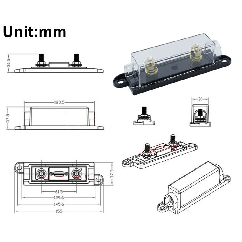 ANL Fuse Holder Transparent/Black Car Fuse Holder and ANL Fuse 30A-500A Bolt-on Fuse Holder  Automotive Audio Fuse
