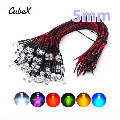 10Pcs 20cm 5MM LED with wire Ultra-Bright Light Emitting Diode 5V-12V for Model Decorations, Toy Cars & Indicator Lights