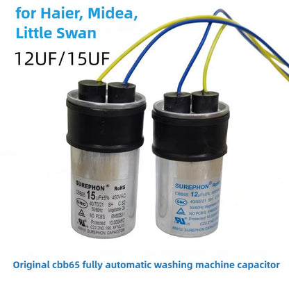 ‌Original Manufacturer CBB65 Washing Machine Starting Capacitor, Aluminum Shell 12UF15UF, Compatible with Haier, Midea, Little Swan‌