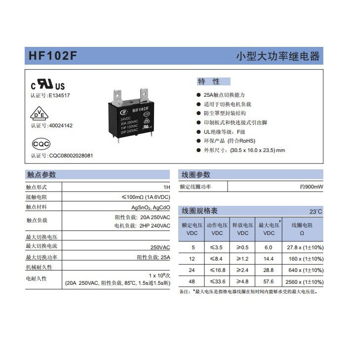 Original HF102F Relay for For Air Conditioning, Water Heaters HF/JQX-102F JT102F HF/JQX-102F-P