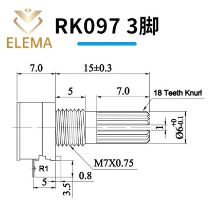 5PCS Industrial Switch RV097G RK097N Audio switch 3/5/6/8 pin B5K/B10K/B20K/B50K/B100K/B500K amplifier sealing potentiometer Shaft length 15mm