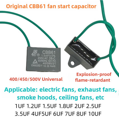 ‌Original CBB61 450V Capacitor 1UF 1.2UF 1.5UF 1.8UF 2UF 2.2UF 2.5UF 3UF 3.5UF 4UF 5UF 5.5UF 6UF 6.5UF 7UF 8UF 10UF for Fans, Range Hoods – Explosion-Proof Flame-Retardant