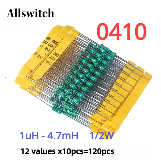 120Pcs 1/2W 0410 Color Ring Inductor Set DIP 12 Values 1UH 4.7UH 6.8UH 10UH 22UH 47UH 68UH 100UH 220UH 330UH 470UH 1MH Each 10pcs Inductor Assorted Set Kit
