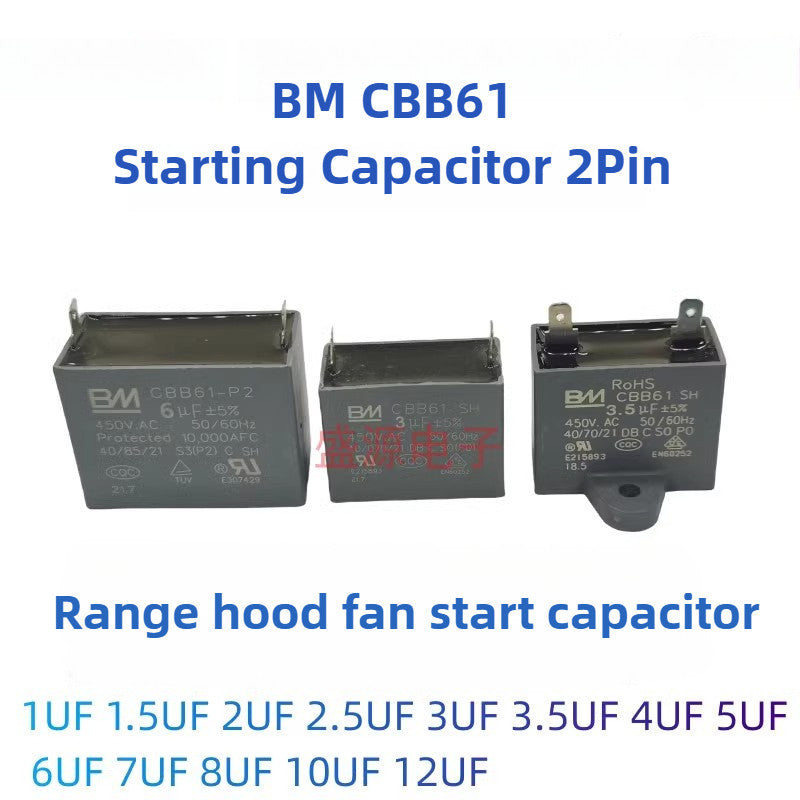 ‌BM CBB61 Range Hood & AC Fan Starting Capacitor 450V 2Pin Dual Terminal Motor Run Capacitor‌ 2.5UF 3UF 3.5UF 4UF 5UF 6UF 7UF 12UF
