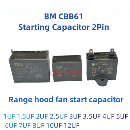 ‌BM CBB61 Range Hood & AC Fan Starting Capacitor 450V 2Pin Dual Terminal Motor Run Capacitor‌ 2.5UF 3UF 3.5UF 4UF 5UF 6UF 7UF 12UF