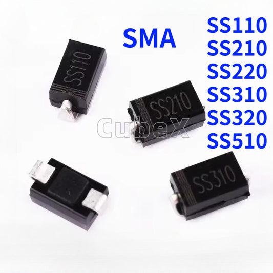 100Pcs SMA Package Diode SS110/SS210/SS220/SS310/SS320/SS510 Full Series Surface Mount Schottky Diodes DO-214AC High-Speed Rectification Devices
