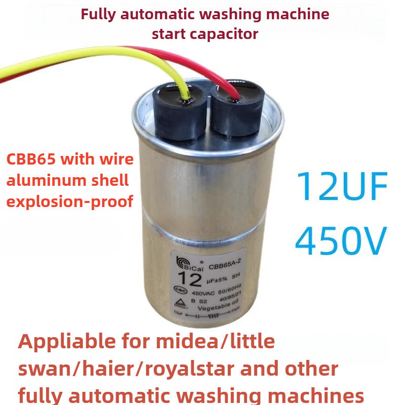 ‌CBB65 Motor Start Capacitor with Wire 450V 10UF 11UF 12UF 13UF 15UF Explosion-Proof Aluminum Shell for Midea, Haier, Little Swan Washing Machines