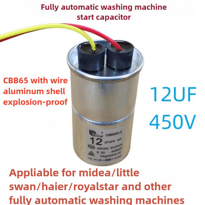 ‌CBB65 Motor Start Capacitor with Wire 450V 10UF 11UF 12UF 13UF 15UF Explosion-Proof Aluminum Shell for Midea, Haier, Little Swan Washing Machines