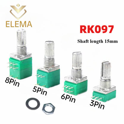 5PCS Industrial Switch RV097G RK097N Audio switch 3/5/6/8 pin B5K/B10K/B20K/B50K/B100K/B500K amplifier sealing potentiometer Shaft length 15mm