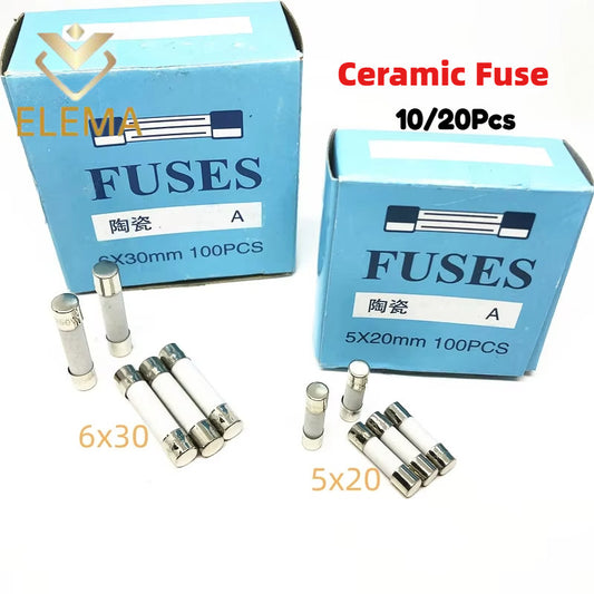 20PCS 5*20mm 6*30mm Ceramic Fuse 0.5A-30A Fast Blow Ceramic Fuse 1A 2A 3A 4A 5A 6A 6.3A 8A 10A 15A 20A 25A Fuse 250V
