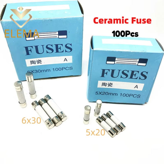 100PCS 5*20mm 6*30mm Ceramic Fuse 0.5A-30A Fast Blow Ceramic Fuse 1A 2A 3A 4A 5A 6A 6.3A 8A 10A 15A 20A 25A Fuse 250V