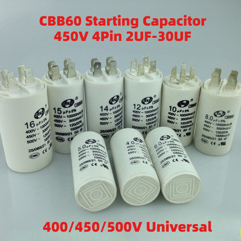 CBB60 Capacitor 450VAC 4Pin Double Insert 50/60HZ Electric Replacement Start Run Capacitor for Air Compressor Water Pump Motor