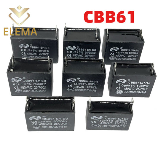CBB61 Air Conditioner Fan Start Capacitor 450V 1UF/1.5UF/2UF/3UF/4UF/5UF/6UF/8UF/10UF/12UF 2 pin start capacitor Fan Capacitor