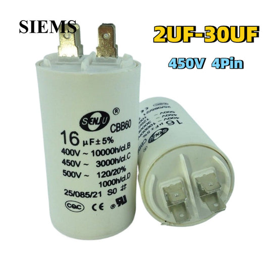 CBB60 Start Run Capacitor 450VAC 2/2.5/3/4/5/6/7/8/10/12/14/15/16/18/20/25/30uF Double Insert 50/60Hz for Air Compressor Water Pump Motor