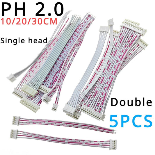 5Pcs PH2.0 Connector Terminal Wire Cable 10cm 20cm Pitch 2.0 JST Wire Single Double Head 2P/3P/4P/5P/6P/7P/8P/9P/10/12 Pin