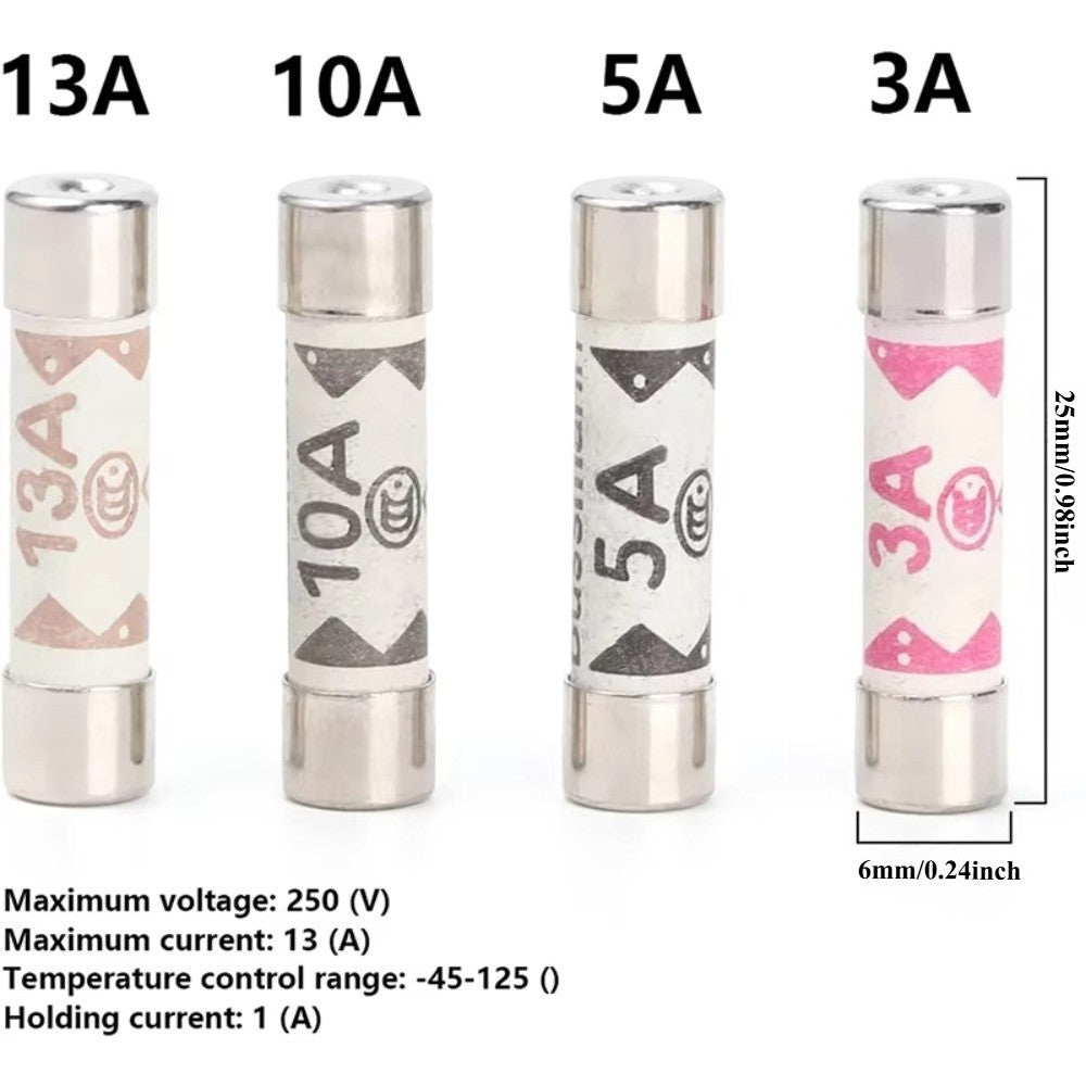 20PCS BS1362 6*25mm Ceramic Tube Fuse 3A 5A 10A 13A British Fues Domestic House Hold Mains Plug Cartridge Fuses
