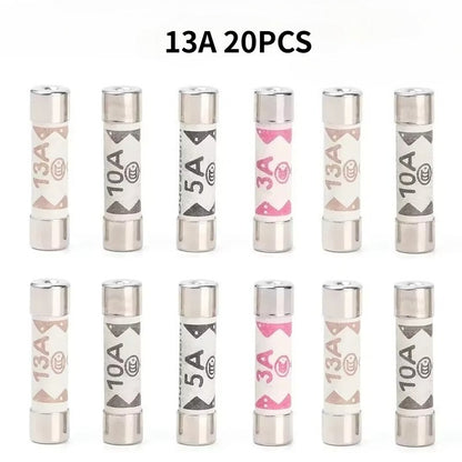 20PCS BS1362 6*25mm Ceramic Tube Fuse 3A 5A 10A 13A British Fues Domestic House Hold Mains Plug Cartridge Fuses