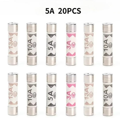20PCS BS1362 6*25mm Ceramic Tube Fuse 3A 5A 10A 13A British Fues Domestic House Hold Mains Plug Cartridge Fuses