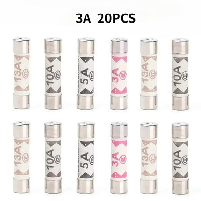 20PCS BS1362 6*25mm Ceramic Tube Fuse 3A 5A 10A 13A British Fues Domestic House Hold Mains Plug Cartridge Fuses