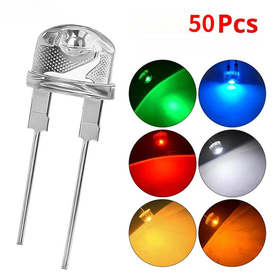 50PCS F8 8MM White Blue Green Red Yellow LED Super Bright Straw Hat Light Emitting Diode Highlighted White 0.5W Astigmatism